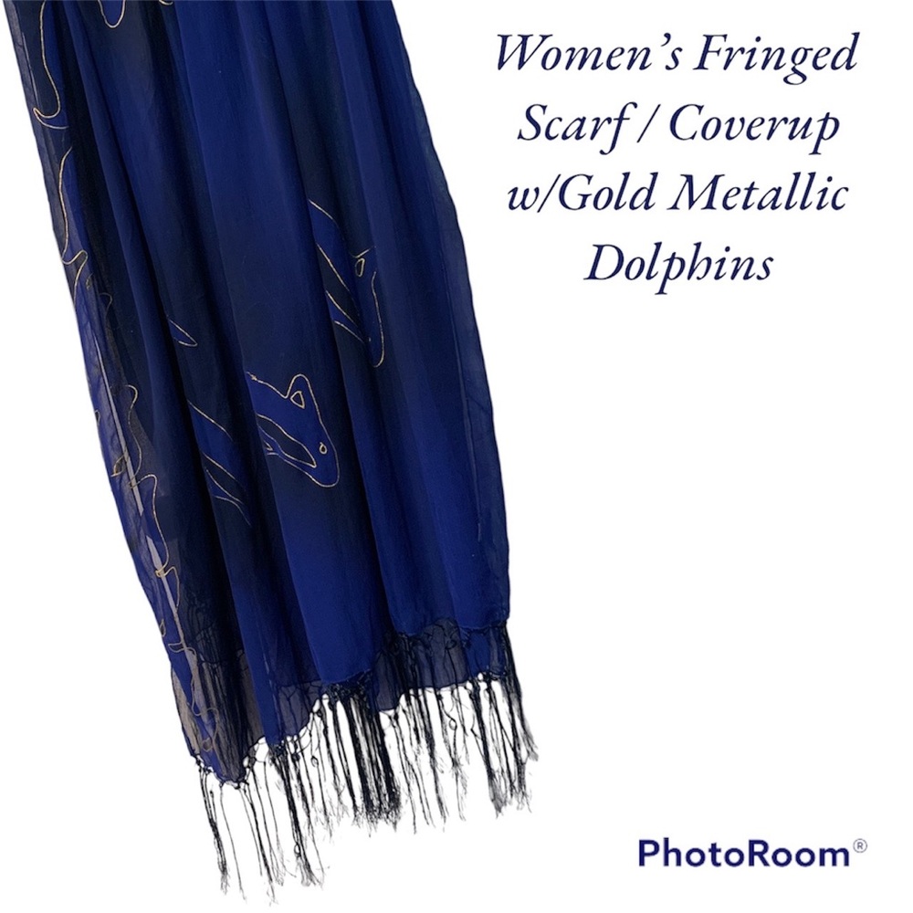 LARGE Vintage Sarong w/Metallic Gold Dolphin’s Royal & Navy Blue